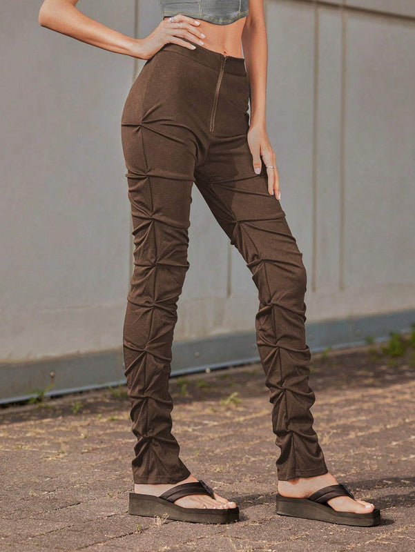 ICON Pantalones Delanteros Con Cremallera Fruncida Para Mujer