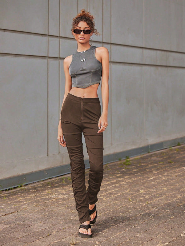 ICON Pantalones Delanteros Con Cremallera Fruncida Para Mujer