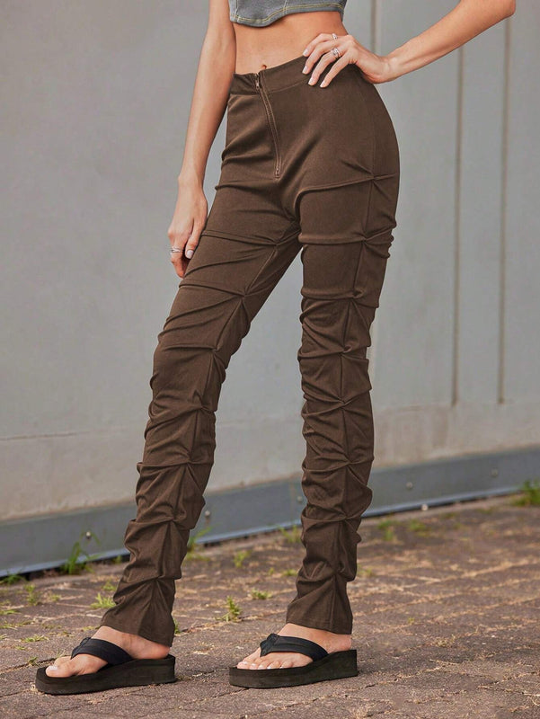 ICON Pantalones Delanteros Con Cremallera Fruncida Para Mujer