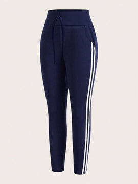 Pantalones Elasticos Skinny Con Rayas En Los Lados Y Detalle De Nudo En La Cintura Para Mujeres