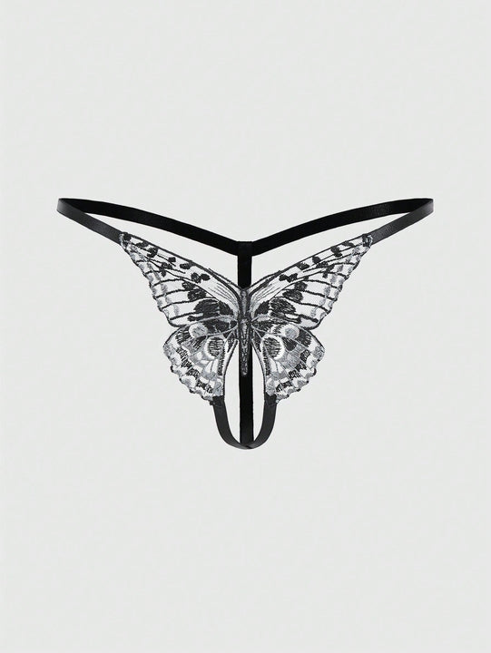 ROMWE Goth Ropa Interior Femenina Con Mariposas Bordadas Y Entrepierna Abierta