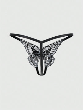 ROMWE Goth Ropa Interior Femenina Con Mariposas Bordadas Y Entrepierna Abierta