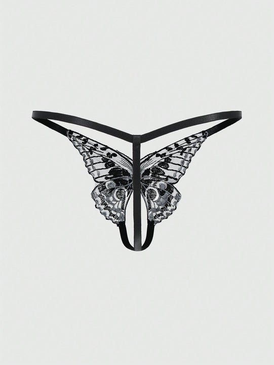 ROMWE Goth Ropa Interior Femenina Con Mariposas Bordadas Y Entrepierna Abierta