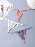 Set de 3 piezas de pantis de encaje transparente con diseno de lazo sexy para mujer