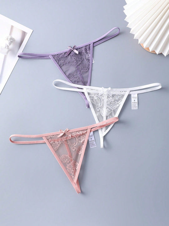Set de 3 piezas de pantis de encaje transparente con diseno de lazo sexy para mujer