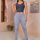 Apperloth a pantalon casual comodo para citas en color morado con cintura alta elastica, bolsillo inclinado ajustado y tobillera conica
