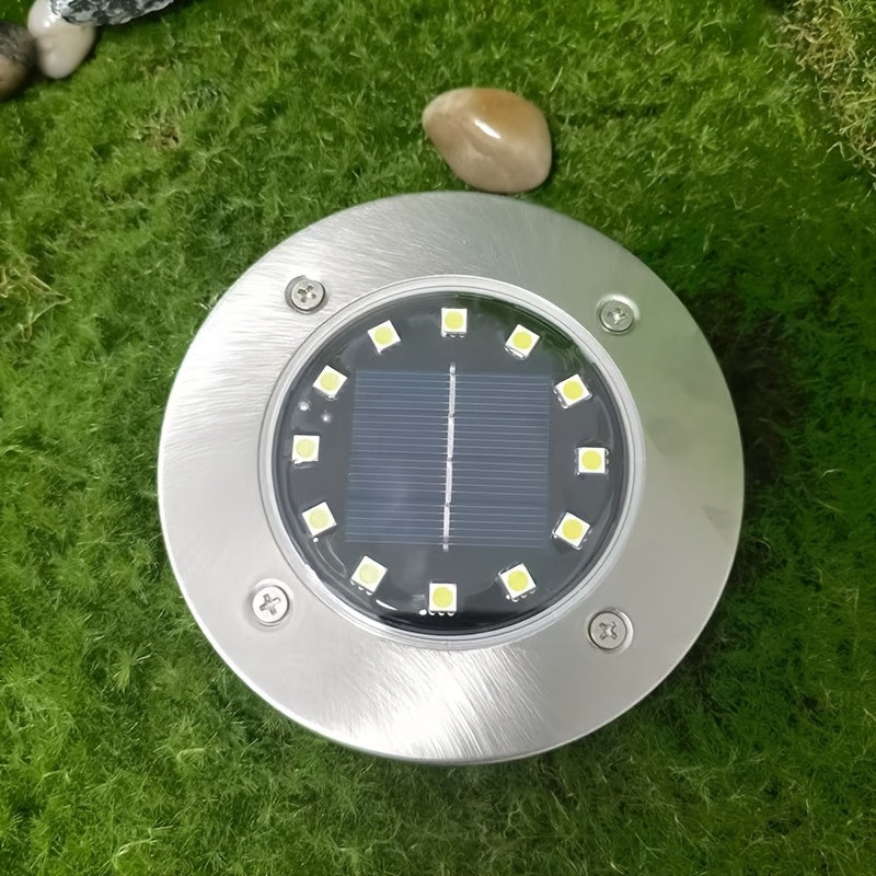 Luces de tierra de 12 LED de acero inoxidable con energía solar - Iluminación de escaleras y senderos de jardín al aire libre, decoración de paisaje eficiente en energía con macetas de flores vibrantes, luces solares al aire libre, iluminación de escaler