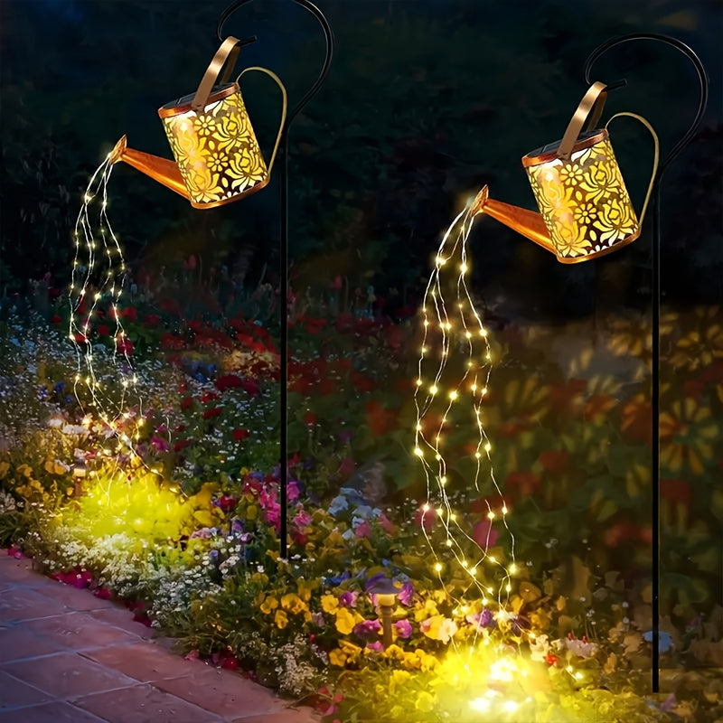 1 tanque de riego solar con luces, luces solares para jardín, decoración de jardín, faroles colgantes, lámparas solares de cascada de metal, ideal para patios, senderos, césped, terrazas, corredores, recibidor - regalo perfecto para Navidad