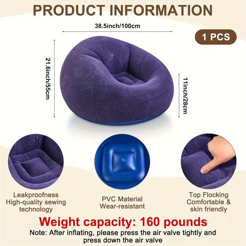 1 pieza de silla inflable versátil, sofá perezoso portátil de PVC para hogar y camping al aire libre - Ligero, no requiere ensamblaje, grisáceo-azul, muebles de camping | Silla de ocio moderna | Silla inflable duradera