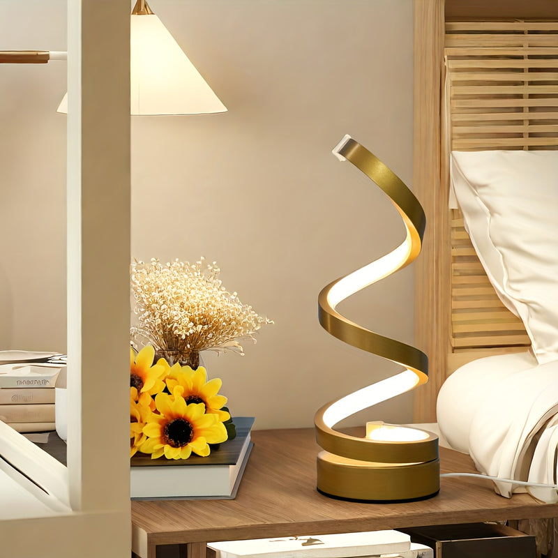 Lámpara de mesa LED espiral, luz de escritorio de metal con cuello de cisne regulable, control de botón de pulsar, alimentada por USB, iluminación ajustable, acabado pulido, para oficina, dormitorio, sala de estar - Idea de regalo