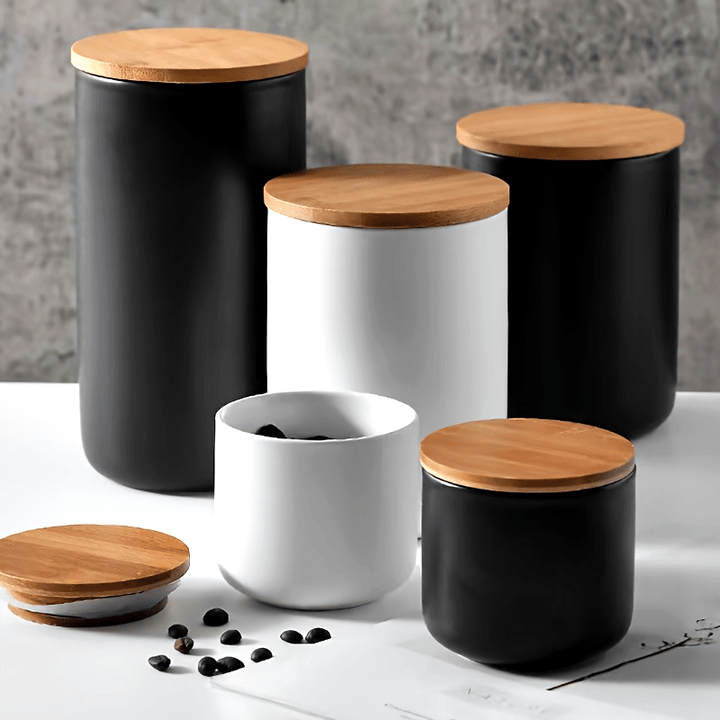 Frascos de almacenamiento de alimentos de cerámica multiusos con cierre de pestillo, recipientes redondos reutilizables para la organización de la cocina, se recomienda lavar a mano - Juego de 1 contenedor negro para té, café, dulces, granos
