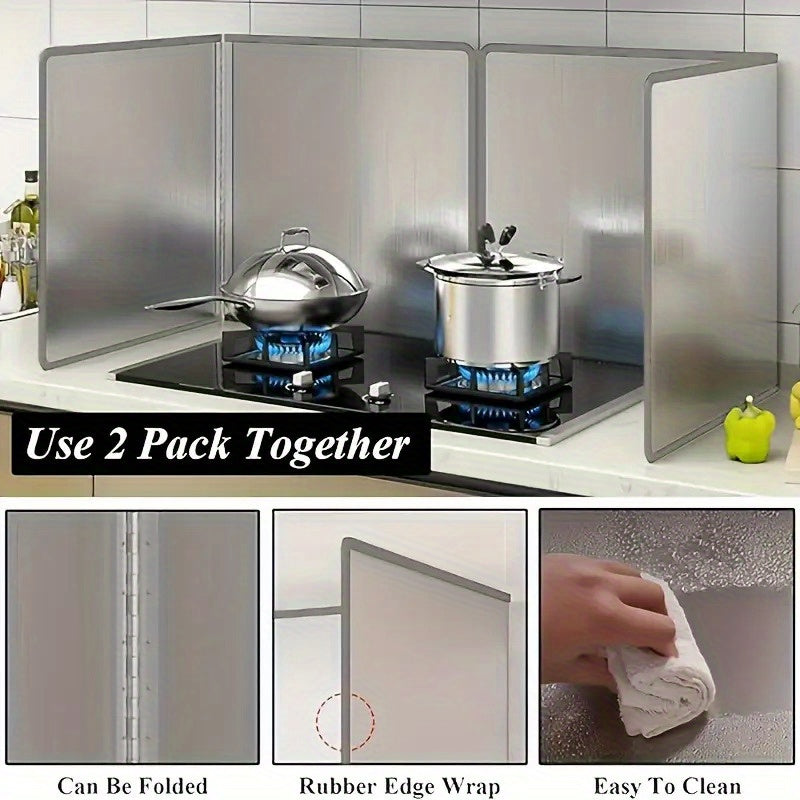 1 pieza de rejilla de aceite de cocina plegable de acero inoxidable - Protector de salpicaduras para estufa, tablero de aislamiento con envoltura de borde de goma, fácil de limpiar, ideal para cocina interior y exterior, protector de estufa, acabado metá