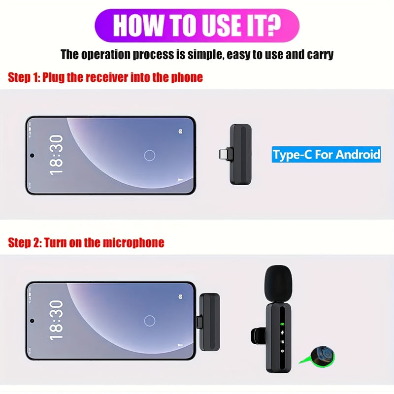 Micrófono inalámbrico de clip 2 en 1 con reducción inteligente de ruido, batería de 60H y carga USB-C de 3.5H, listo para usar en podcasts, transmisiones en vivo, reuniones, vlogging, equipo para videoblogs | Micrófono de clip compacto | Micrófono inalám