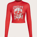 EZwear Camiseta De Manga Larga Tejida Roja Con Estampado De Calavera Y Texto