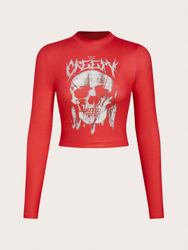 EZwear Camiseta De Manga Larga Tejida Roja Con Estampado De Calavera Y Texto