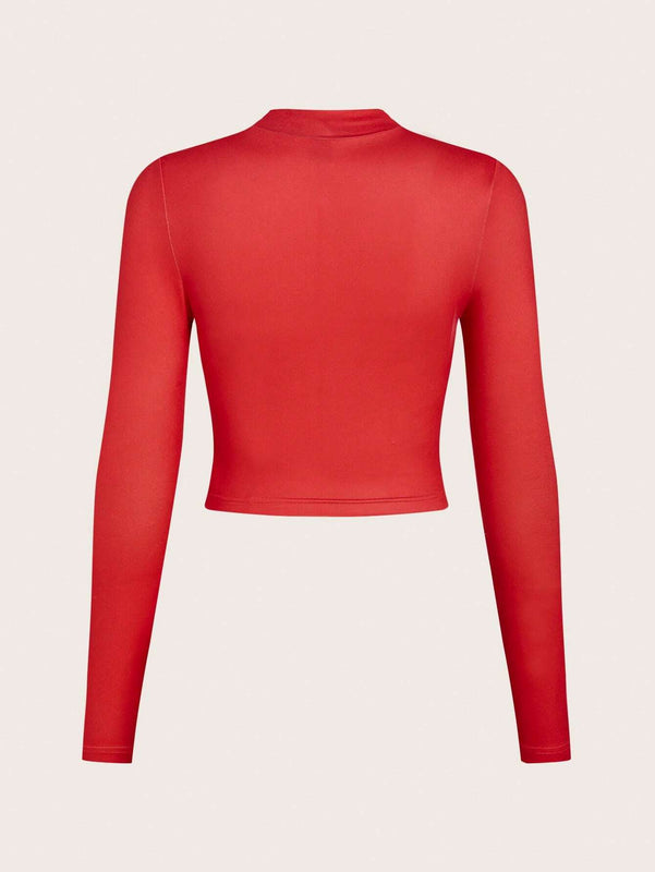 EZwear Camiseta De Manga Larga Tejida Roja Con Estampado De Calavera Y Texto
