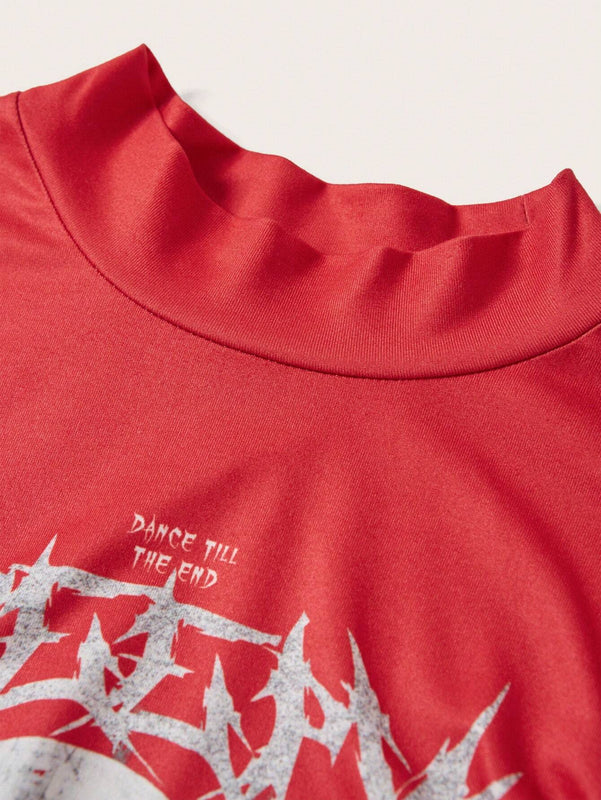 EZwear Camiseta De Manga Larga Tejida Roja Con Estampado De Calavera Y Texto