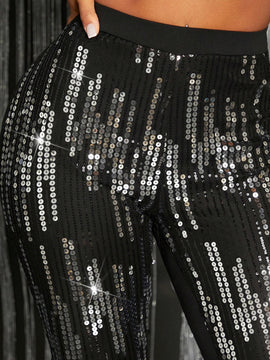 SXY Pantalones Ajustados De Cintura Alta Con Lentejuelas