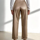 Pantalones largos de tela metalica con nudo frontal para mujer