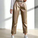 Pantalones largos de tela metalica con nudo frontal para mujer
