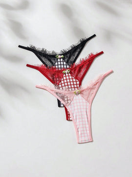 Conjunto De Lenceria De Tanga De Encaje Y Diseno De Cuadros Para Mujeres