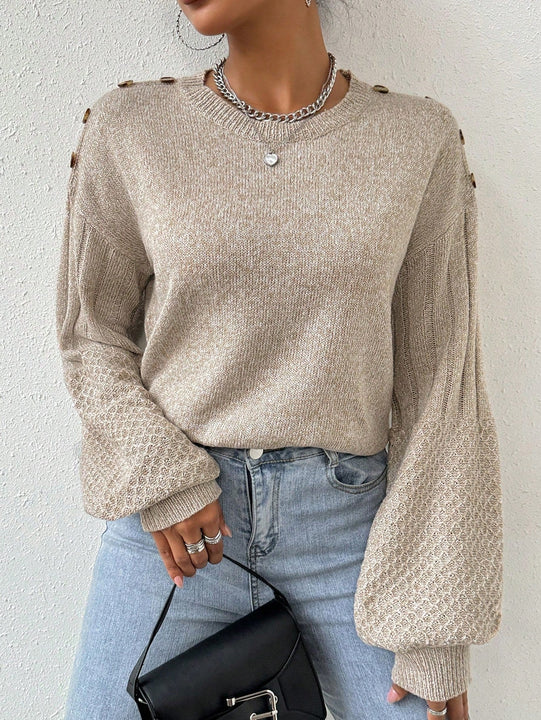 Essnce Sueter Con Mangas De Farol Solido Para Mujer Con Botones