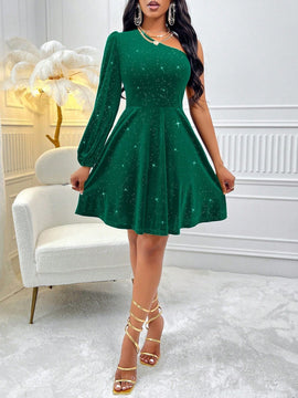Vestido de manga farol de un hombro con diseno brillante de terciopelo