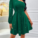 Vestido de manga farol de un hombro con diseno brillante de terciopelo