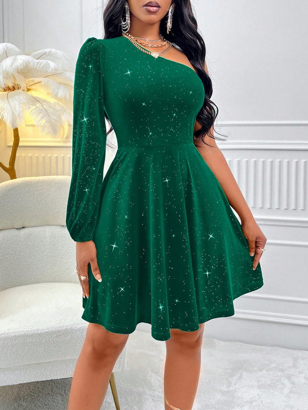 Vestido de manga farol de un hombro con diseno brillante de terciopelo