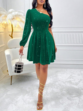 Vestido de manga farol de un hombro con diseno brillante de terciopelo