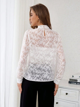Prive Camisa De Mujer De Cuello Alzado Y Malla Con Parcheado De Tela