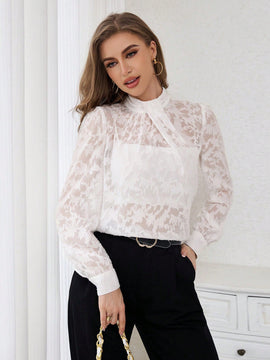 Prive Camisa De Mujer De Cuello Alzado Y Malla Con Parcheado De Tela
