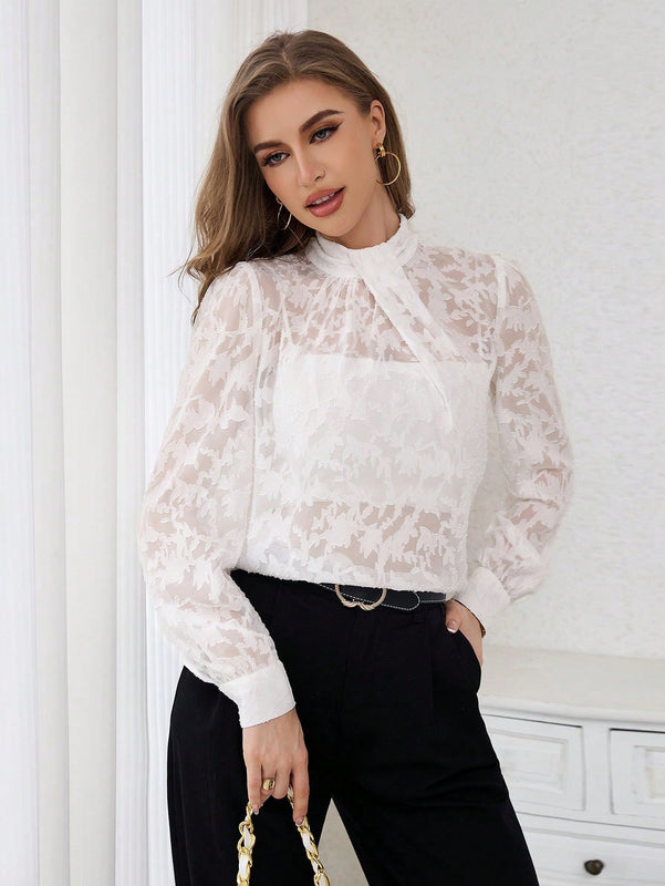 Prive Camisa De Mujer De Cuello Alzado Y Malla Con Parcheado De Tela