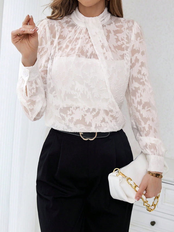 Prive Camisa De Mujer De Cuello Alzado Y Malla Con Parcheado De Tela