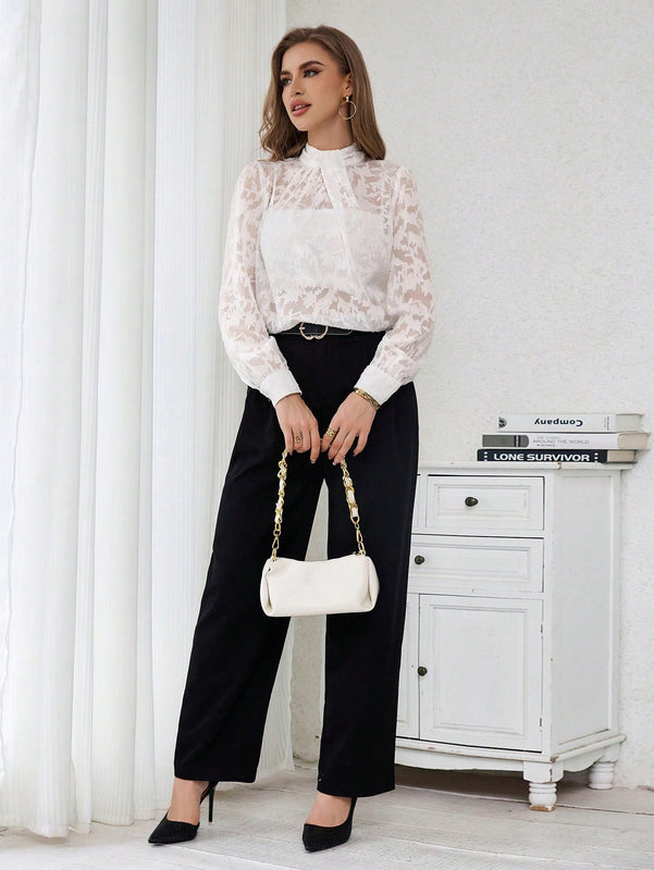 Prive Camisa De Mujer De Cuello Alzado Y Malla Con Parcheado De Tela