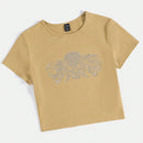 Camiseta Con Estampado De Calavera De Diamantes De Imitacion Y Manga Corta