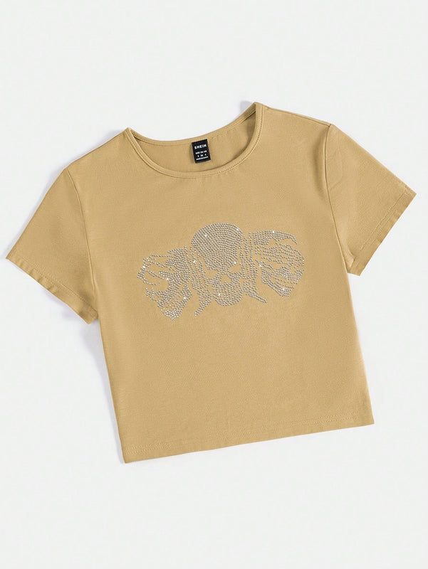 Camiseta Con Estampado De Calavera De Diamantes De Imitacion Y Manga Corta