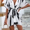 Vestido con cinturon con estampado de pincelada de manga murcielago