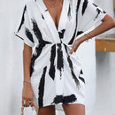 Vestido con cinturon con estampado de pincelada de manga murcielago
