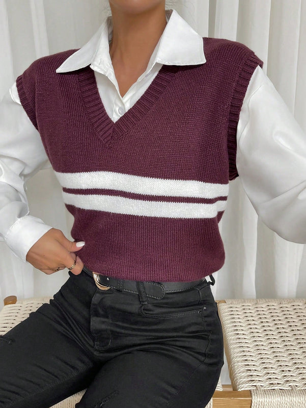 Essnce Chaleco De Jersey De Mujer Con Diseno De Patchwork Rayado De Cuello En V