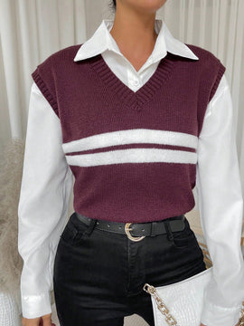 Essnce Chaleco De Jersey De Mujer Con Diseno De Patchwork Rayado De Cuello En V