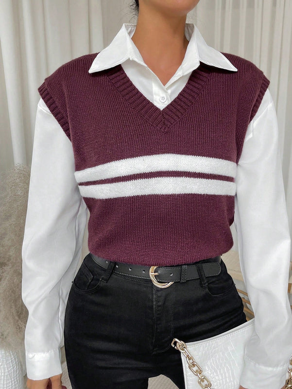 Essnce Chaleco De Jersey De Mujer Con Diseno De Patchwork Rayado De Cuello En V