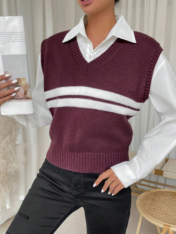 Essnce Chaleco De Jersey De Mujer Con Diseno De Patchwork Rayado De Cuello En V