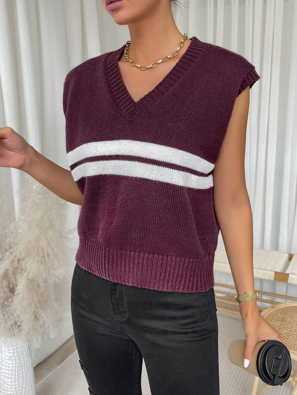 Essnce Chaleco De Jersey De Mujer Con Diseno De Patchwork Rayado De Cuello En V