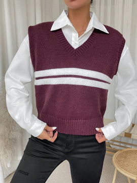 Essnce Chaleco De Jersey De Mujer Con Diseno De Patchwork Rayado De Cuello En V
