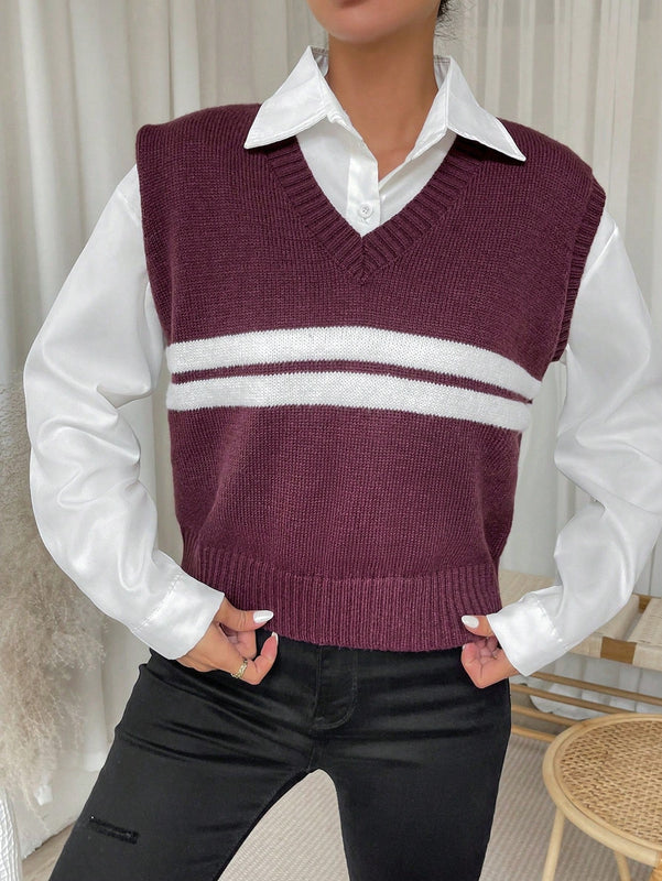 Essnce Chaleco De Jersey De Mujer Con Diseno De Patchwork Rayado De Cuello En V