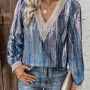 LUNE Blusa De Encaje Con Cuello En V, Anillo Redondo Y Detalles De Lentejuelas