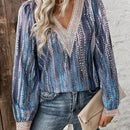 LUNE Blusa De Encaje Con Cuello En V, Anillo Redondo Y Detalles De Lentejuelas