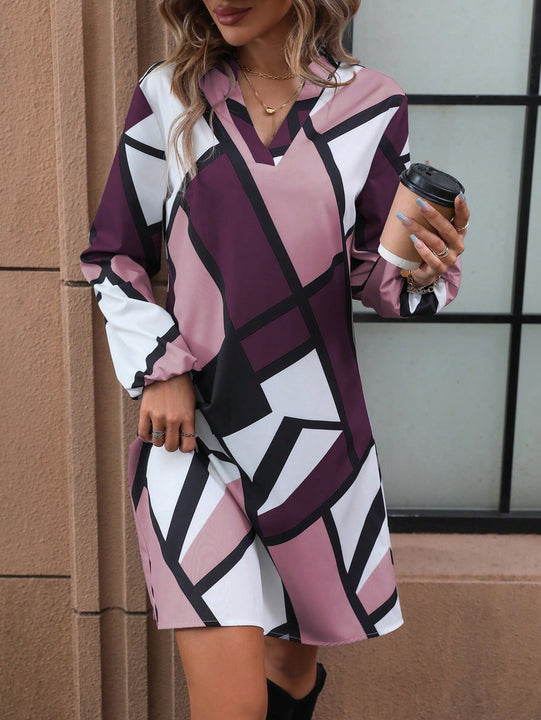 Vestido con estampado geometrico de cuello notch de manga farol