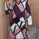 Vestido con estampado geometrico de cuello notch de manga farol